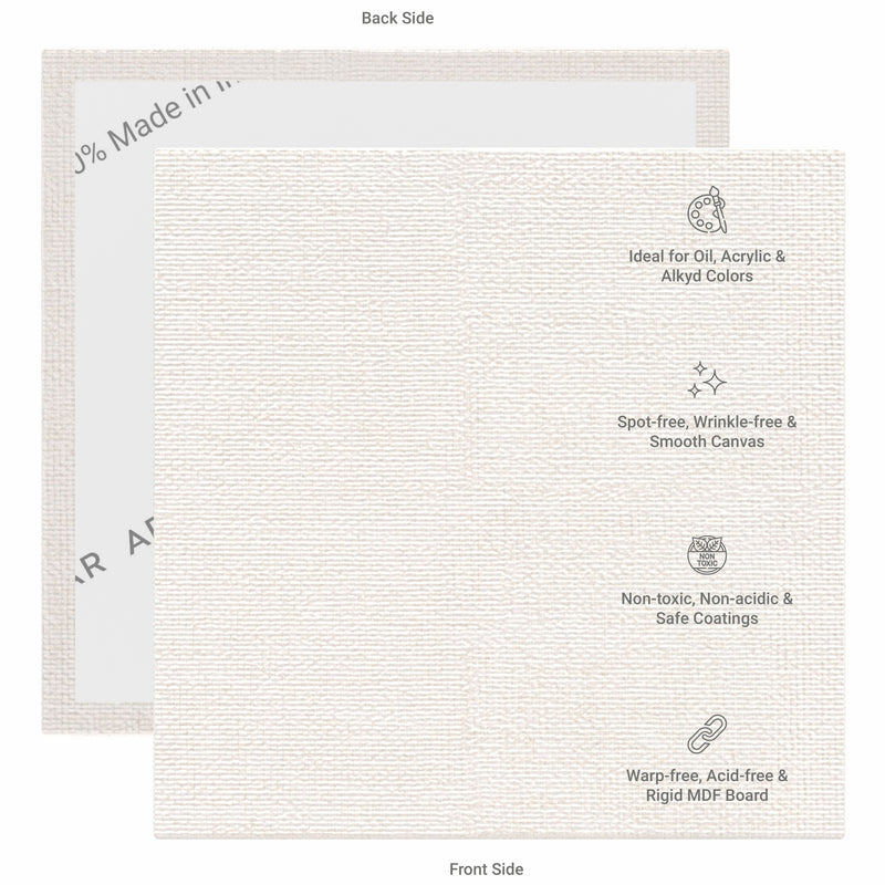 04 Oz (230 GSM) Hobby Series Medium Grain White Cotton Canvas Panel with 3.5mm MDF| 4x4 Inches (Pack of 12)