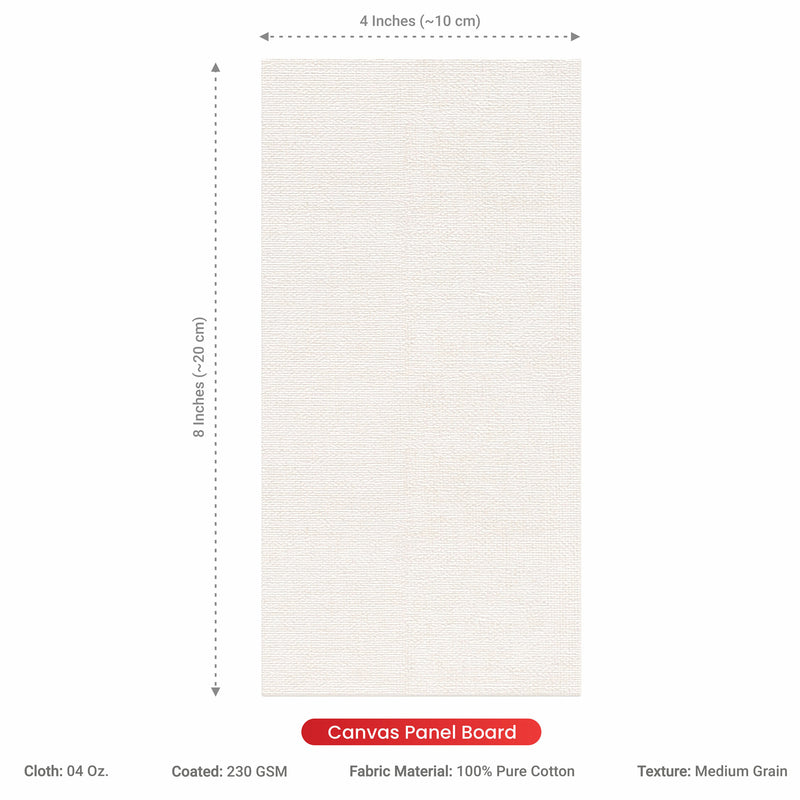 04 Oz (230 GSM) Hobby Series Medium Grain White Cotton Canvas Panel with 3.5mm MDF| 4x8 Inches (Pack of 4)