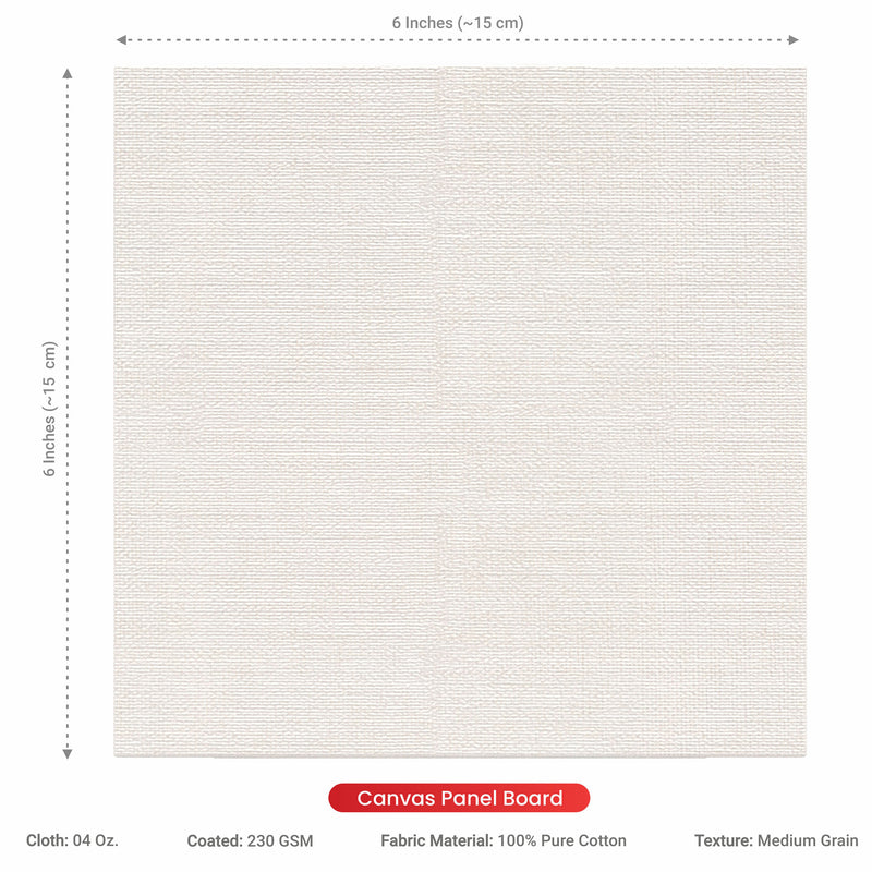 04 Oz (230 GSM) Hobby Series Medium Grain White Cotton Canvas Panel with 3.5mm MDF| 6x6 Inches (Pack of 6)