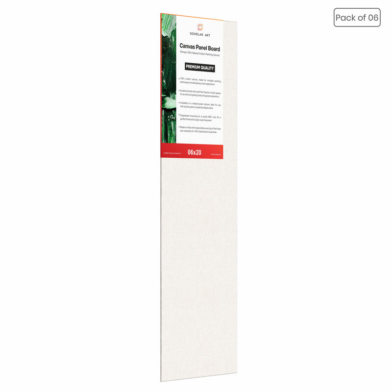04 Oz (230 GSM) Hobby Series Medium Grain White Cotton Canvas Panel with 3.5mm MDF| 6x20 Inches (Pack of 6)