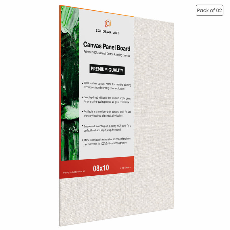 04 Oz (230 GSM) Hobby Series Medium Grain White Cotton Canvas Panel with 3.5mm MDF| 8x10 Inches (Pack of 2)