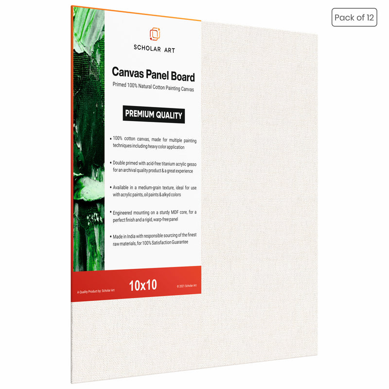 04 Oz (230 GSM) Hobby Series Medium Grain White Cotton Canvas Panel with 3.5mm MDF| 10x10 Inches (Pack of 12)