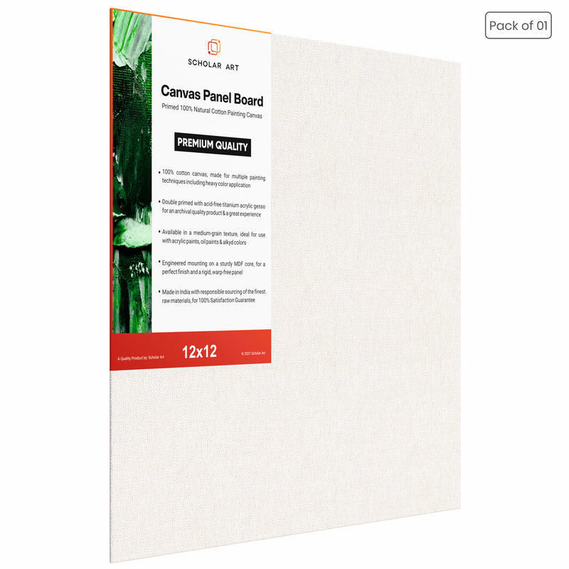 04 Oz (230 GSM) Hobby Series Medium Grain White Cotton Canvas Panel with 3.5mm MDF| 12x12 Inches (Pack of 12)