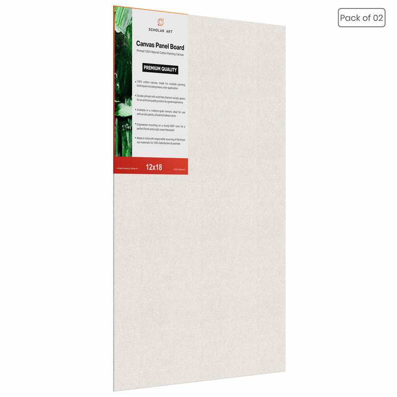 04 Oz (230 GSM) Hobby Series Medium Grain White Cotton Canvas Panel with 3.5mm MDF| 12x18 Inches (Pack of 2)