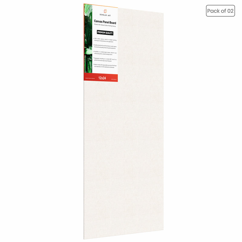 04 Oz (230 GSM) Hobby Series Medium Grain White Cotton Canvas Panel with 3.5mm MDF| 12x24 Inches (Pack of 2)