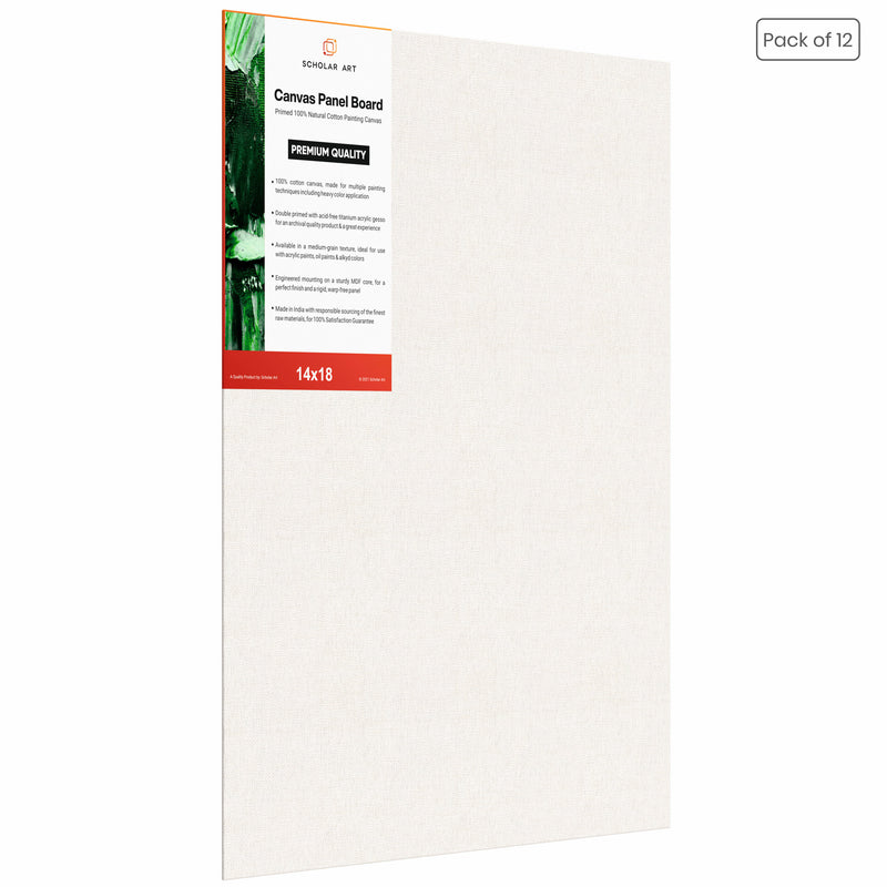 04 Oz (230 GSM) Hobby Series Medium Grain White Cotton Canvas Panel with 3.5mm MDF| 14x18 Inches (Pack of 12)