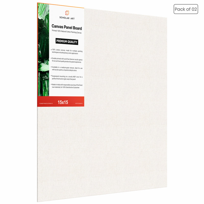 04 Oz (230 GSM) Hobby Series Medium Grain White Cotton Canvas Panel with 3.5mm MDF| 15x15 Inches (Pack of 2)