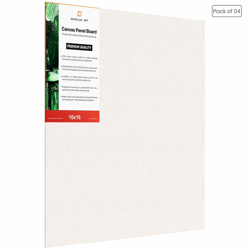 04 Oz (230 GSM) Hobby Series Medium Grain White Cotton Canvas Panel with 3.5mm MDF| 16x16 Inches (Pack of 4)