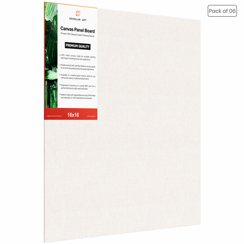 04 Oz (230 GSM) Hobby Series Medium Grain White Cotton Canvas Panel with 3.5mm MDF| 16x16 Inches (Pack of 6)