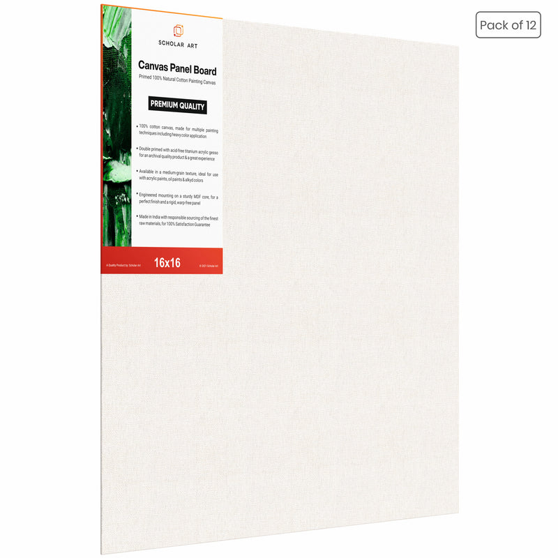 04 Oz (230 GSM) Hobby Series Medium Grain White Cotton Canvas Panel with 3.5mm MDF| 16x16 Inches (Pack of 12)