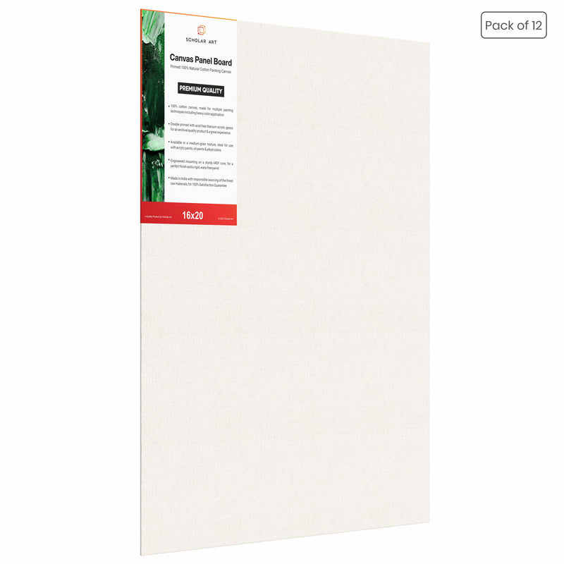 04 Oz (230 GSM) Hobby Series Medium Grain White Cotton Canvas Panel with 3.5mm MDF| 16x20 Inches (Pack of 12)