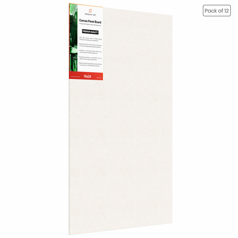 04 Oz (230 GSM) Hobby Series Medium Grain White Cotton Canvas Panel with 3.5mm MDF| 16x24 Inches (Pack of 12)