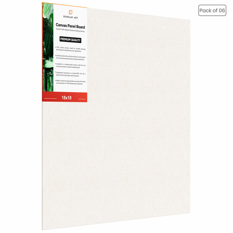 04 Oz (230 GSM) Hobby Series Medium Grain White Cotton Canvas Panel with 3.5mm MDF| 18x18 Inches (Pack of 6)