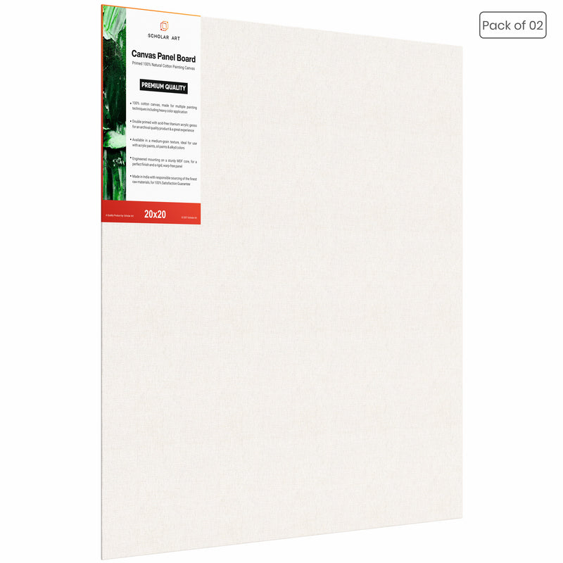 04 Oz (230 GSM) Hobby Series Medium Grain White Cotton Canvas Panel with 3.5mm MDF| 20x20 Inches (Pack of 2)