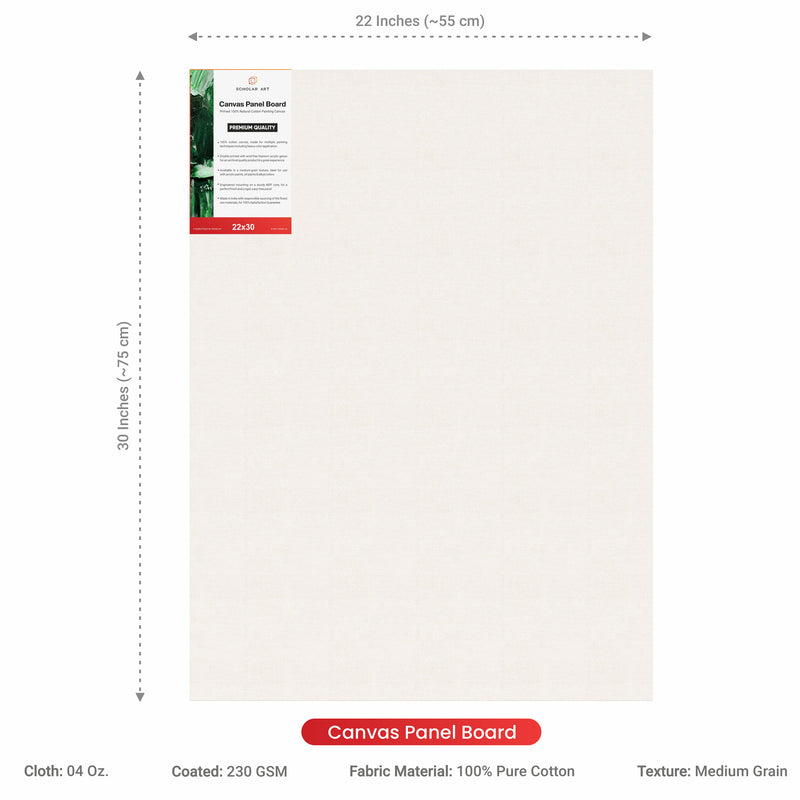 04 Oz (230 GSM) Hobby Series Medium Grain White Cotton Canvas Panel with 3.5mm MDF| 22x30 Inches (Pack of 6)