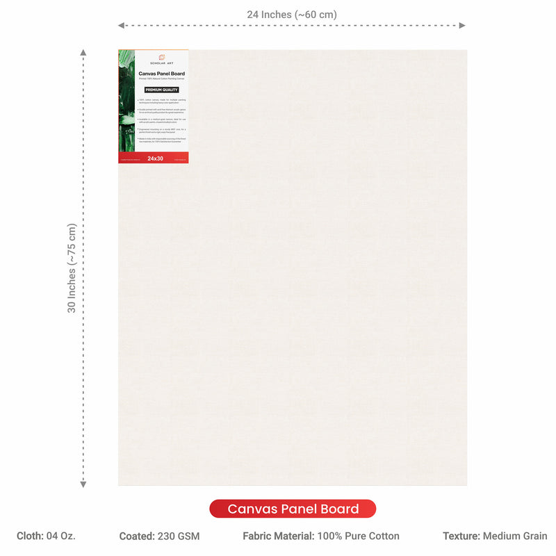 04 Oz (230 GSM) Hobby Series Medium Grain White Cotton Canvas Panel with 3.5mm MDF| 24x30 Inches (Pack of 12)