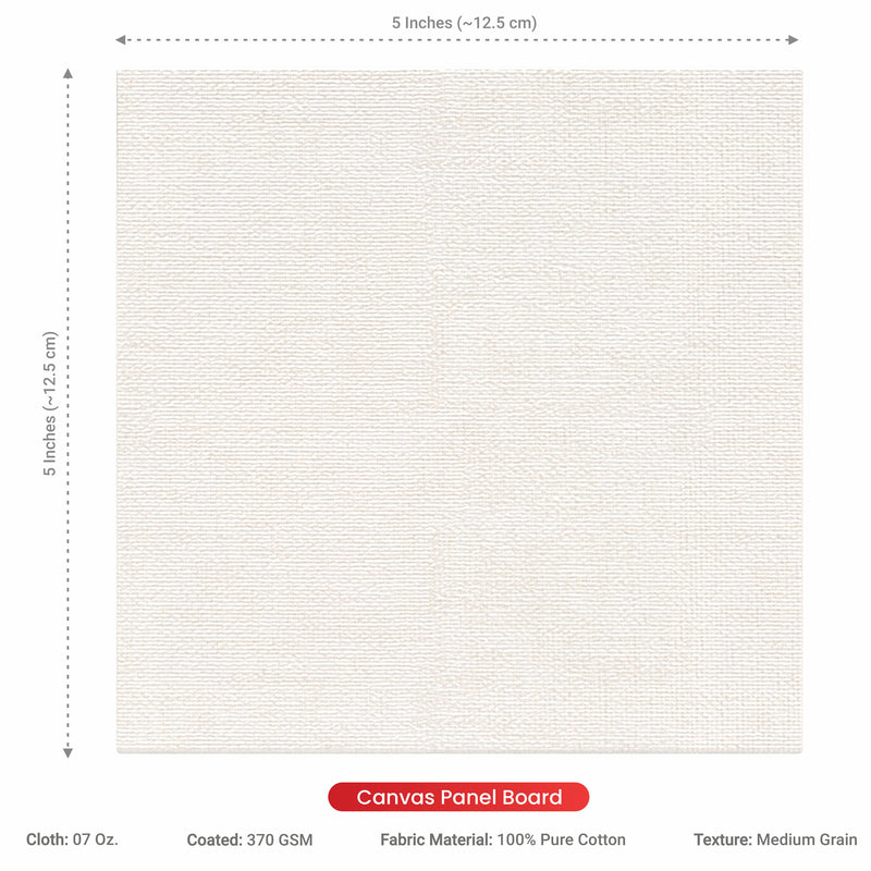 07 Oz (370 GSM) Student Series Medium Grain White Cotton Canvas Panel with 3.5mm MDF| 5x5 Inches (Pack of 6)