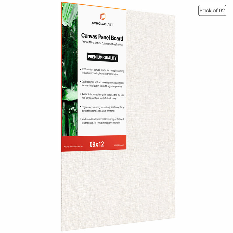 07 Oz (370 GSM) Student Series Medium Grain White Cotton Canvas Panel with 3.5mm MDF| 9x12 Inches (Pack of 2)