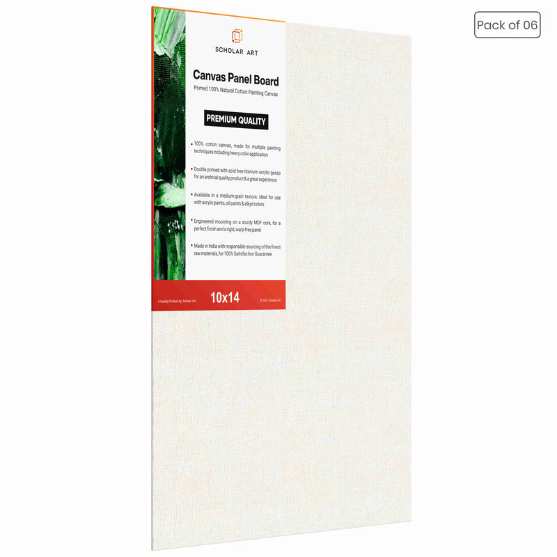 07 Oz (370 GSM) Student Series Medium Grain White Cotton Canvas Panel with 3.5mm MDF| 10x14 Inches (Pack of 6)