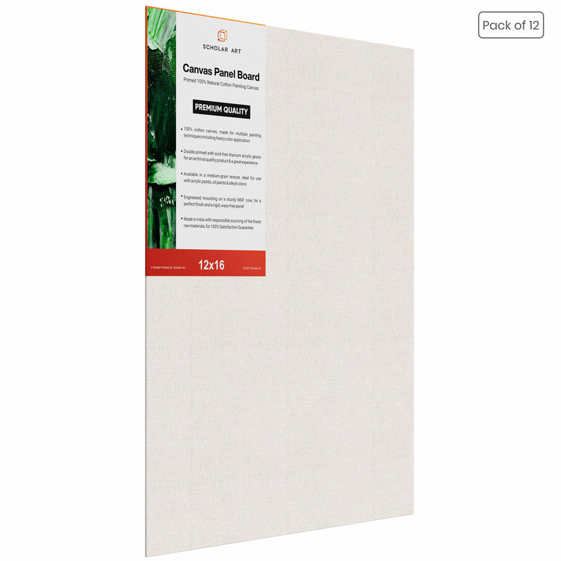 07 Oz (370 GSM) Student Series Medium Grain White Cotton Canvas Panel with 3.5mm MDF| 12x16 Inches (Pack of 12)